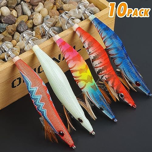 Squid Jigs Saltwater Fishing Lures, 10pcs Glow Squid Lures Glow in The Dark Shrimp Baits Luminous Jig Hooks Artificial Prawn Cuttlefish Sleeve Octopus Baits - Image 5