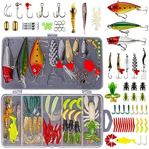 GOANDO Fishing Lures Kit for Freshwater Bait Tackle Kit for Bass Trout Salmon Fishing Accessories Tackle Box Including Spoon Lures Soft Plastic Worms Fishing Gifts by GOANDO