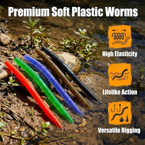 5" Stick Worms for Bass Fishing, Soft Plastic Wacky Worms, Durable Baits for Texas Carolina Rig, Freshwater Saltwater Lures - Image 2