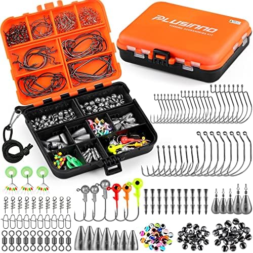 PLUSINNO 253/387pcs Fishing Gear Accessories Kit, Fishing Tackle Box with Tackle Included, Fishing Hooks, Fishing Weights Sinkers, Spinner Blade, Fishing Equipment for Bass Trout Bluegill Crappie by PLUSINNO