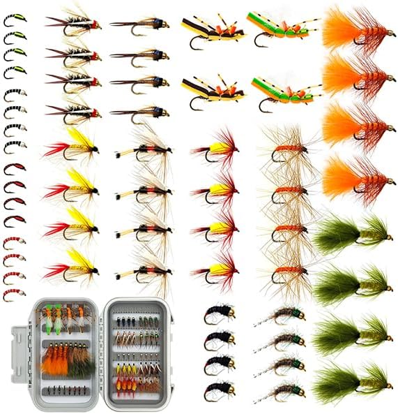 Fly Fishing Flies Kit, Dry Wet Nymph, Sizes 8-18, Trout Bass Panfish by BRAIRIA