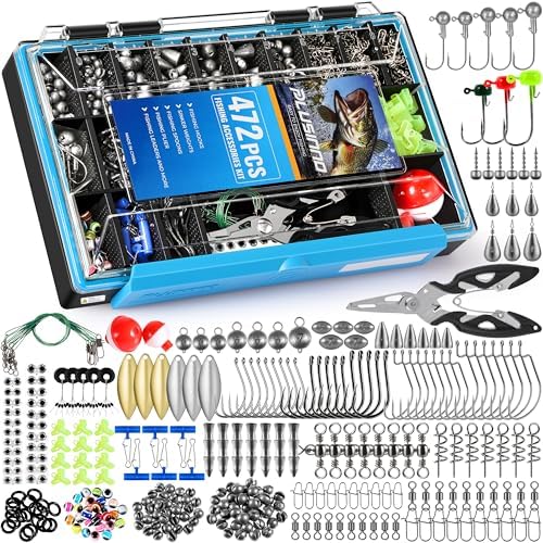 472PCS Fishing Accessories Kit, Waterproof Tackle Box with Tackle Included, Fishing Gifts for Men Included Hooks, Weights, Pliers,Fishing Gear and Equipment for Bass Trout by PLUSINNO