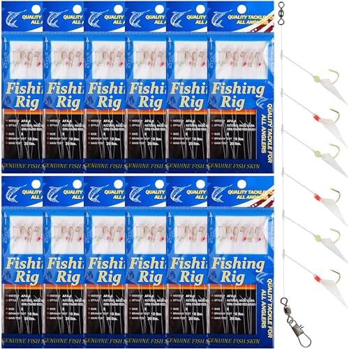 Fishing Bait Rigs Saltwater, 12 Packs Surf Fishing Lure Bait Rigs Set with Fish Skin Glow Beads String Hooks Swivels Mackeral Herring Baitfish Sea Bass Rigs by SILANON