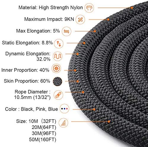 X XBEN Outdoor Climbing Rope 10M(32ft) 20M(64ft) 30M(96ft) 50M(160ft) 70M(230ft) 152M(500FT) 352M(1000FT) Static Rock Climbing Rope for Escape Rope Ice Climbing Equipment Fire Rescue Parachute - Image 4