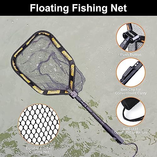 PLUSINNO Floating Fishing Net for Steelhead, Salmon, Fly, Kayak, Catfish, Bass, Trout Fishing, Rubber Coated Foldable Landing Net with Fixed or Telescoping Pole Handle, Fishing Gear and Gifts for Men - Image 5
