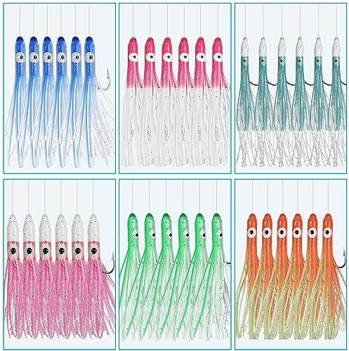 Fishing Bait Rigs Saltwater Set, 6 Packs Squid Bait Lure Rigs Surf Fishing Rigs with Glow Soft Squid Skirt Hook Swivel Snap for Freshwater Saltwater - Image 2