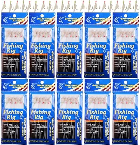 Fishing Rigs Saltwater Bait Lures, 10 Packs Bait Rigs Luminous with Fish Skin Feather Hook Size 4 6 8 by FUSIGO