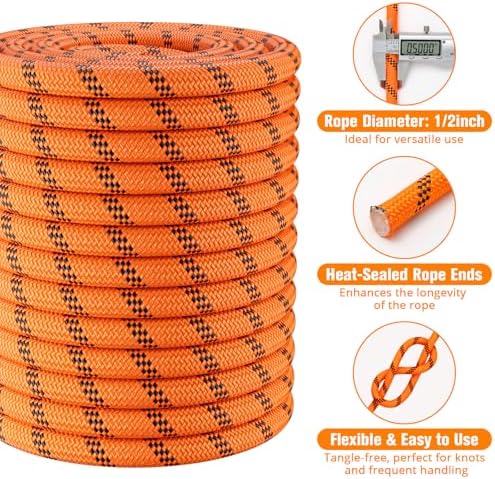 Double Braided Arborist Rigging Rope - 1/2 in X 100 ft 48 Strands Rappelling Outdoor Pulling Heavy Duty Polyester Bull Rope for Swing Tree Work Camping Rescue Hiking Logging - Orange - Image 4