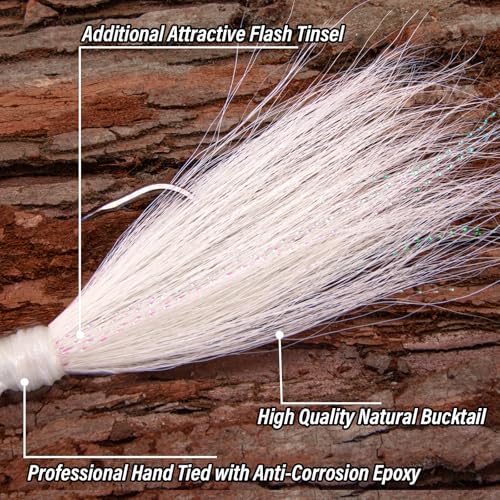 Alwonder 5-Pack Bucktail Jigs Hair Jigs Saltwater Freshwater Fishing Bucktail Lures Surf Fishing Jig Heads White Luminous Chartreuse Swimbait Jig for Bass Flounder Striper Bluefish Halibut Redfish - Image 3