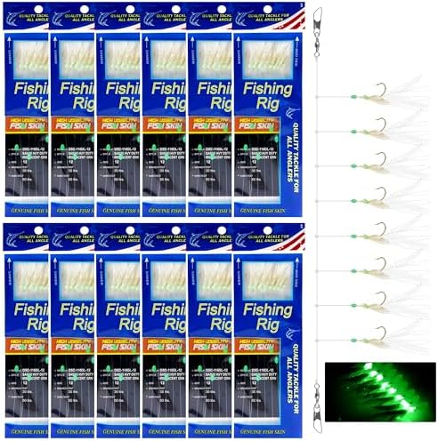 Fishing Bait Rigs Saltwater, 12 Packs Surf Fishing Lure Bait Rigs Set with Fish Skin Glow Beads String Hooks Swivels Mackeral Herring Baitfish Sea Bass Rigs by SILANON