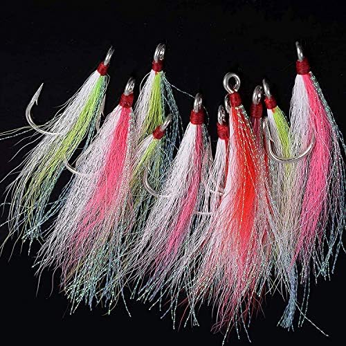 Bucktail Teasers Fishing Hooks Saltwater Flounder Rig Fishing Hooks Stainless Steel Bucktail Mylar Teasers Inserted for Striped Bass Trout Catfish Cod Flounder Hi/Lo Rig 3 Colors by AGOOL