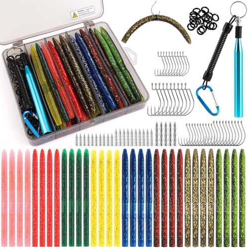 TOPFORT Fishing Lures, Bass Fishing Kit with Wacky Worm, Fishing Worms for Bass Fishing, Soft Plastic Baits with Hooks, Weights, Fishing Accessories, Fishing Gear Fishing Gifts for Men with Tackle Box by TOPFORT