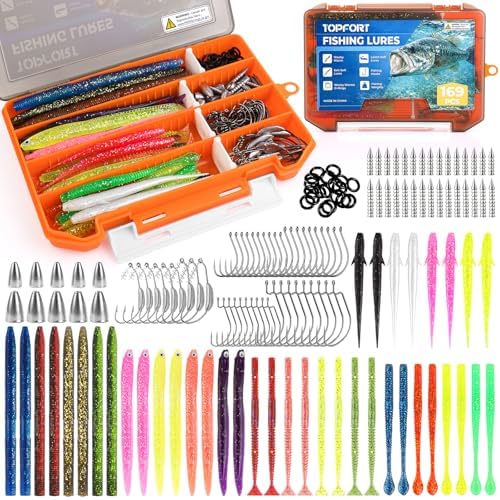 TOPFORT Fishing Lures, Bass Fishing Kit with Wacky Worm, Fishing Worms for Bass Fishing, Soft Plastic Baits with Hooks, Weights, Fishing Accessories, Fishing Gear Fishing Gifts for Men with Tackle Box by TOPFORT