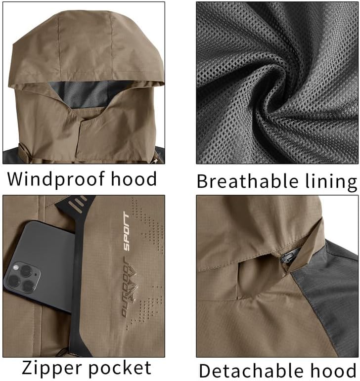 TEZO Mens Rain Jacket Waterproof with Hooded Hiking Coat Lightweight Windbreaker - Image 6