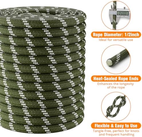 Double Braided Arborist Rigging Rope - 1/2 in X 150 ft 48 Strands Rappelling Outdoor Pulling Heavy Duty Polyester Bull Rope for Swing Tree Work Camping Rescue Hiking- Army Green - Image 5