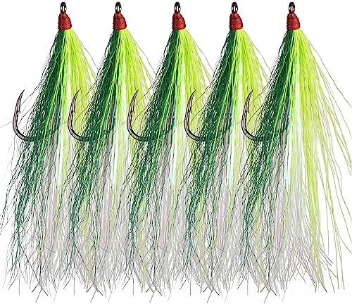 Fishing Bucktail Teaser Hooks,5pcs Saltwater Fishing Jig Teaser Lures with Carbon Steel Hooks Crystal Flash Flounder Rigs for Salmon Trout Sea Bass Steelhead by SILANON