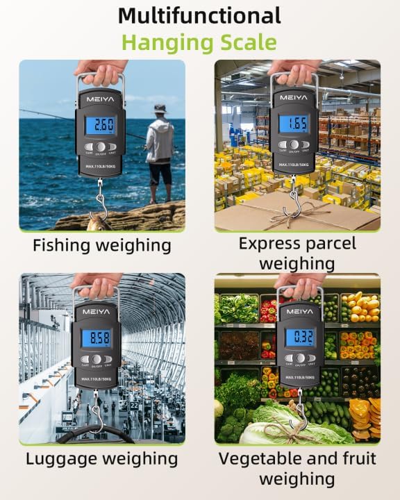 MEIYA Fish Scale 110lb/50kg Digital Fishing Scale with Backlit LCD, Portable Handle, Stainless Steel Hook, Built-in Tape Measure & 2 AAA Batteries, Reliable Fishing Gear & Great Fishing Gifts for Men - Image 6