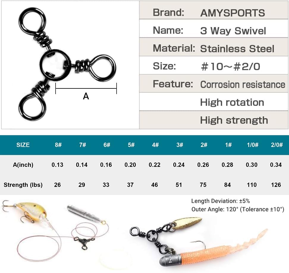 AMYSPORTS Fishing Connector Fish Swivels Tackle 3 Way Fishing Swivel Saltwater Freshwater Fishing Tackle Accessories Crossline Trolling Line Lure Connector - Image 2