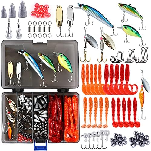 PLUSINNO Fishing Lures Fishing Tackle Box Fishing Gifts for Men, Bass, Trout Fishing Accessories Kit for Saltwater & Freshwater Fishing Gear Including Topwater Lures, Hooks, Spinnerbaits by PLUSINNO