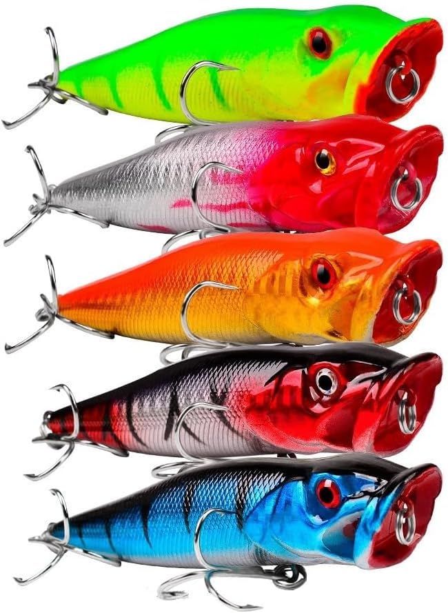 5pcs 9cm 3D Eyes Hard Baits Floating Topwater Popper Lures with Treble Hooks, Mixed Colors, ABS & High Carbon Steel, Targeting Pike, Bass, Salmon - Image 2