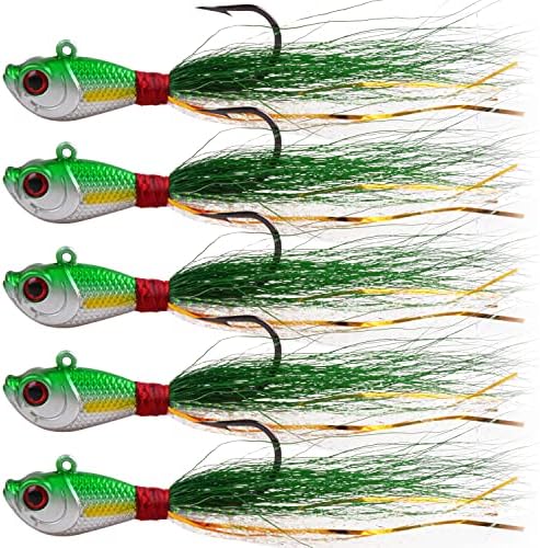 Bucktail Jigs Saltwater Fishing Lures, 5pcs Premium Bucktail Hair Jigs Head Saltwater Striper Lures for Bass Flounder Bluefish Halibut Redfish Surf Fishing 1/4oz 1/2oz 1oz 1.5oz 2oz by OROOTL
