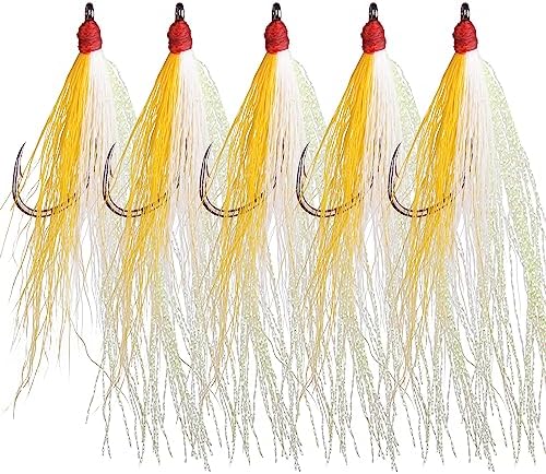 Fishing Bucktail Teaser Hooks,5pcs Saltwater Fishing Jig Teaser Lures with Carbon Steel Hooks Crystal Flash Flounder Rigs for Salmon Trout Sea Bass Steelhead by SILANON