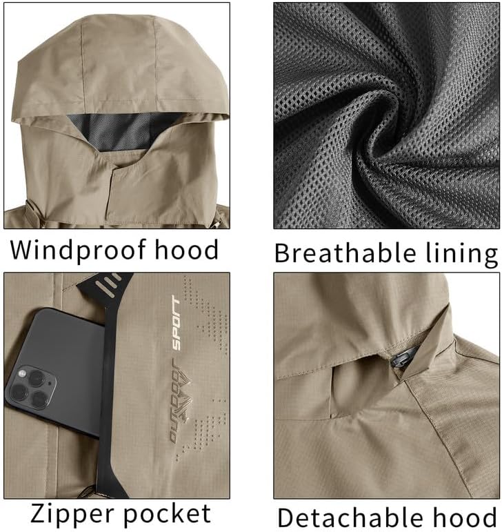 TEZO Mens Rain Jacket Waterproof with Hooded Hiking Coat Lightweight Windbreaker - Image 6