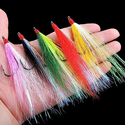 Fishing Bucktail Teaser Hooks,5pcs Saltwater Fishing Jig Teaser Lures with Carbon Steel Hooks Crystal Flash Flounder Rigs for Salmon Trout Sea Bass Steelhead - Image 4