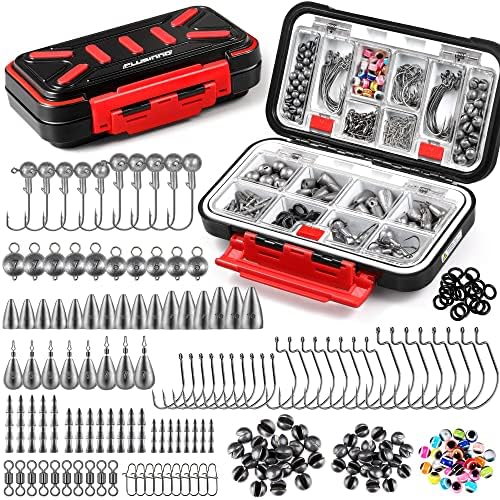 PLUSINNO 264pcs Fishing Accessories Kit, Organized Tackle Box with Tackle Included, Fishing Weights Sinkers, Jig Hooks, Swivels, Beads Combined into 10 Rigs, Fishing Gear Set for Bass Trout by PLUSINNO