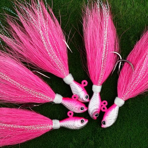 Alwonder 5-Pack Bucktail Jigs Hair Jigs Saltwater Freshwater Fishing Bucktail Lures Surf Fishing Jig Heads White Luminous Chartreuse Swimbait Jig for Bass Flounder Striper Bluefish Halibut Redfish - Image 6