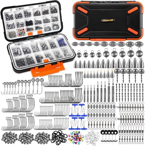PLUSINNO 264/397pcs Fishing Accessories Kit, Organized Fishing Tackle Box with Tackle Included, Fishing Hooks, Fishing Weights Sinkers, Swivels, Beads, Fishing Gear Set Equipment for Bass Trout by PLUSINNO