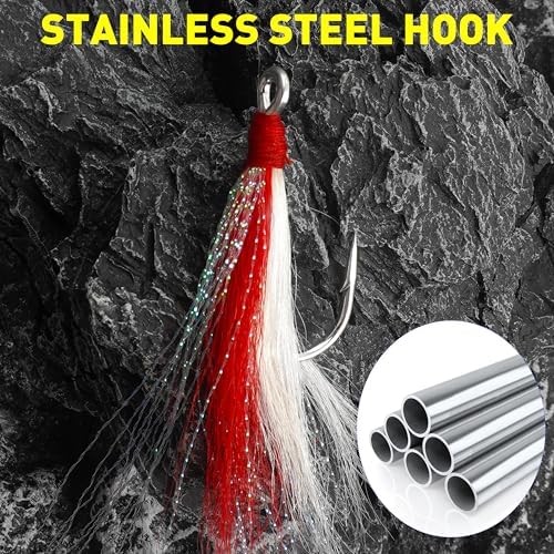 Bucktail Teaser Fishing Hooks,5pcs Saltwater Flounder Rig Stainless Steel Fishing Jig Hooks Bucktail Mylar Flash Teasers Inserted for Striper Catfish Cod Flounder Hi/Lo Rig - Image 4