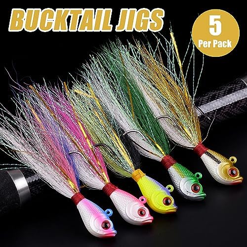 Bucktail Jigs Saltwater Fishing Lures, 5pcs Premium Bucktail Hair Jigs Head Saltwater Striper Lures for Bass Flounder Bluefish Halibut Redfish Surf Fishing 1/4oz 1/2oz 1oz 1.5oz 2oz - Image 6