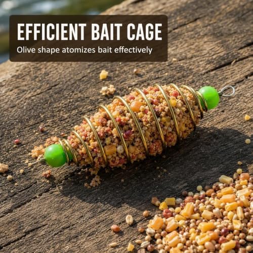 Fishing Bait Cage 40Pcs, Carbon Steel Carp Bait Cage Olive Shape Spring Feeder with Luminous Pendant Bead, Coarse Hair Rig Bait Holder for Carp Catfish Fishing Tackle Accessories - Image 3