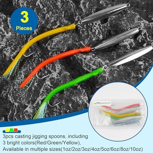 Diamond Jig Saltwater Fishing Lure, 2/3pcs Casting Jigging Spoons with Split Tube Tail Striped Bass Flat Metal Jig for Surf Fishing Bottom Sinking Bouncing Deep Sea Ocean 1-10oz - Image 5