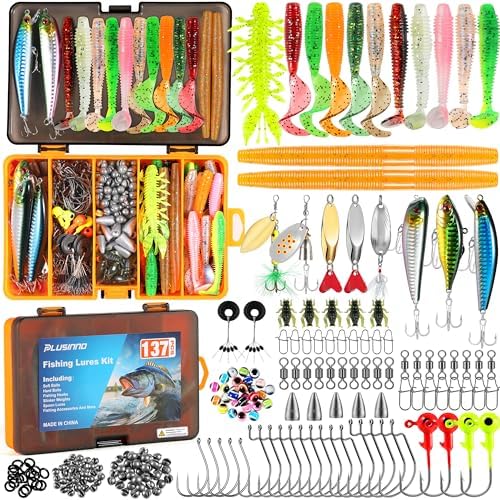PLUSINNO Fishing Lures, 137Pcs Tackle Box with Tackle Included, Crankbaits, Spoon, Hooks, Weights & Other Accessories, Fishing Bait Lure Gear Kit Gift for Men Bass Freshwater by PLUSINNO