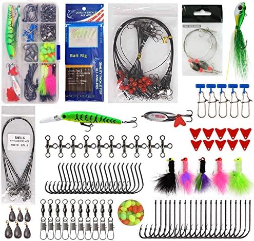 150pcs Saltwater Fishing Gear Surf Fishing Tackle Kit, Various Accessories Include Leaders, Bait Rigs, Spoons, Minnow Lures, Hooks, Swivels Snaps, Jigs, Sinker Weights by JSHANMEI