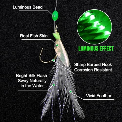 Fishing Bait Rigs Saltwater, 12 Packs Surf Fishing Lure Bait Rigs Set with Fish Skin Glow Beads String Hooks Swivels Mackeral Herring Baitfish Sea Bass Rigs - Image 2
