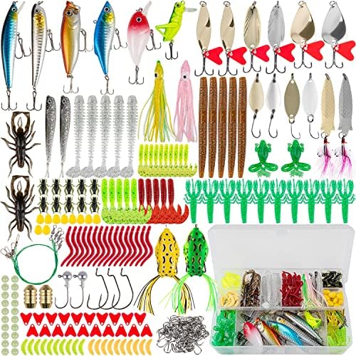 GOANDO Fishing Lures Kit for Freshwater Bait Tackle Kit for Bass Trout Salmon Fishing Accessories Tackle Box Including Spoon Lures Soft Plastic Worms Fishing Gifts by GOANDO