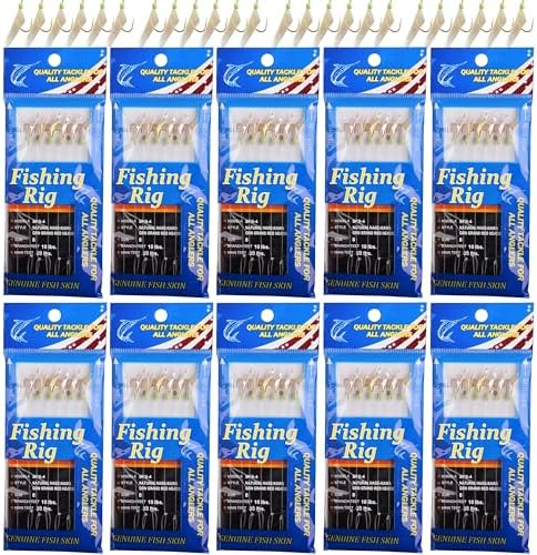 Fishing Rigs Saltwater Bait Lures, 10 Packs Bait Rigs Luminous with Fish Skin Feather Hook Size 4 6 8 by FUSIGO