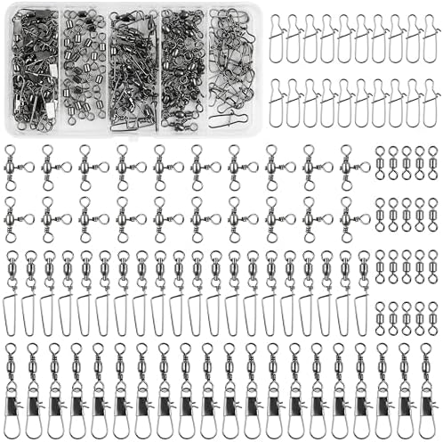 OROOTL 100pcs Fishing Snap Swivels Kit, Include Rolling Barrel Swivels, Premium 3 Way Swivels, Fishing Swivels with Snaps, Duo Lock Snap Clips Terminal Tackle Box for Freshwater Saltwater by OROOTL