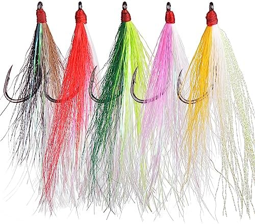 Fishing Bucktail Teaser Hooks,5pcs Saltwater Fishing Jig Teaser Lures with Carbon Steel Hooks Crystal Flash Flounder Rigs for Salmon Trout Sea Bass Steelhead by SILANON
