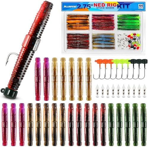 PLUSINNO Wacky Worm Fishing Lure Kit, Soft Plastic Fishing Lures, Grub Baits Hook Wacky Rig Bass Trout Fishing Worms Lures w/Tackle Box by PLUSINNO