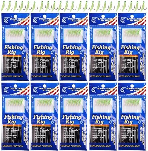 Fishing Rigs Saltwater Bait Lures, 10 Packs Bait Rigs Luminous with Fish Skin Feather Hook Size 4 6 8 by FUSIGO