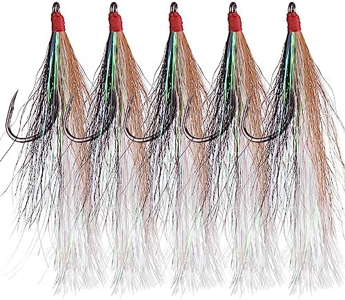 Fishing Bucktail Teaser Hooks,5pcs Saltwater Fishing Jig Teaser Lures with Carbon Steel Hooks Crystal Flash Flounder Rigs for Salmon Trout Sea Bass Steelhead by SILANON