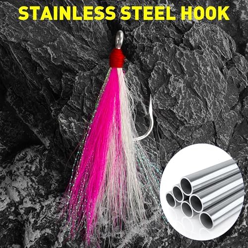 Bucktail Teaser Fishing Hooks,5pcs Saltwater Flounder Rig Stainless Steel Fishing Jig Hooks Bucktail Mylar Flash Teasers Inserted for Striper Catfish Cod Flounder Hi/Lo Rig - Image 4