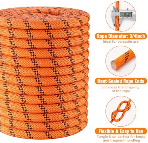 Double Braided Arborist Rigging Rope - 3/4 in X 220 ft 24 Strands Rappelling Outdoor Pulling Heavy Duty Polyester Bull Rope for Swing Tree Work Camping Rescue Hiking Logging - Orange - Image 5