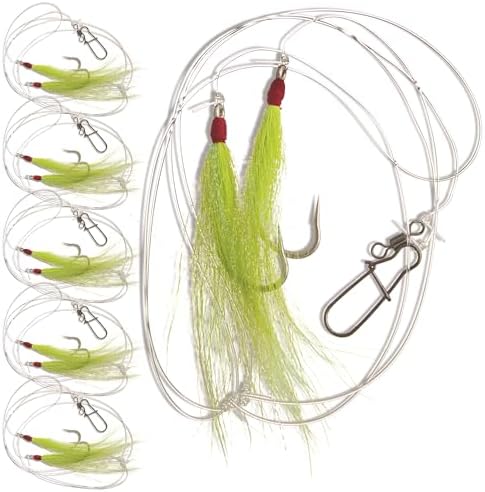 UMT Fluke Flounder Ocean Hi/Lo Rig – BUCKTAIL Teaser Hook for Saltwater – Size 5/0 Hook - 40lb Heavy Duty Mono 3ft Long - Black Duo-Lock Snaps - Hand Tied by UncleMosTackle